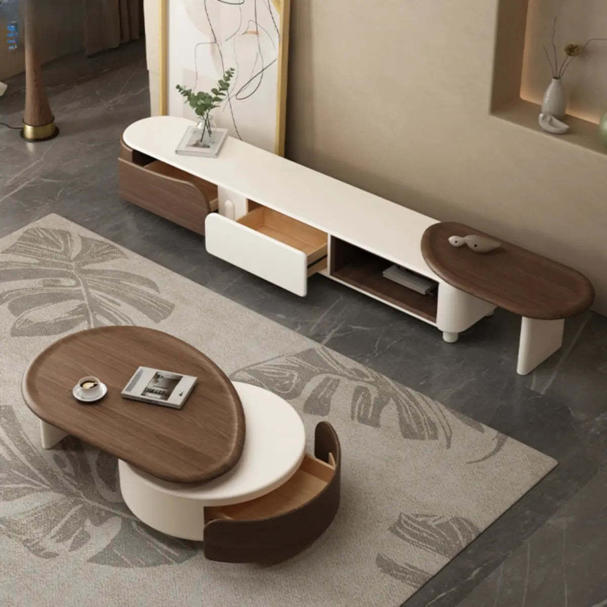 Brown Wood Free Form Tray Top Storage Coffee Table