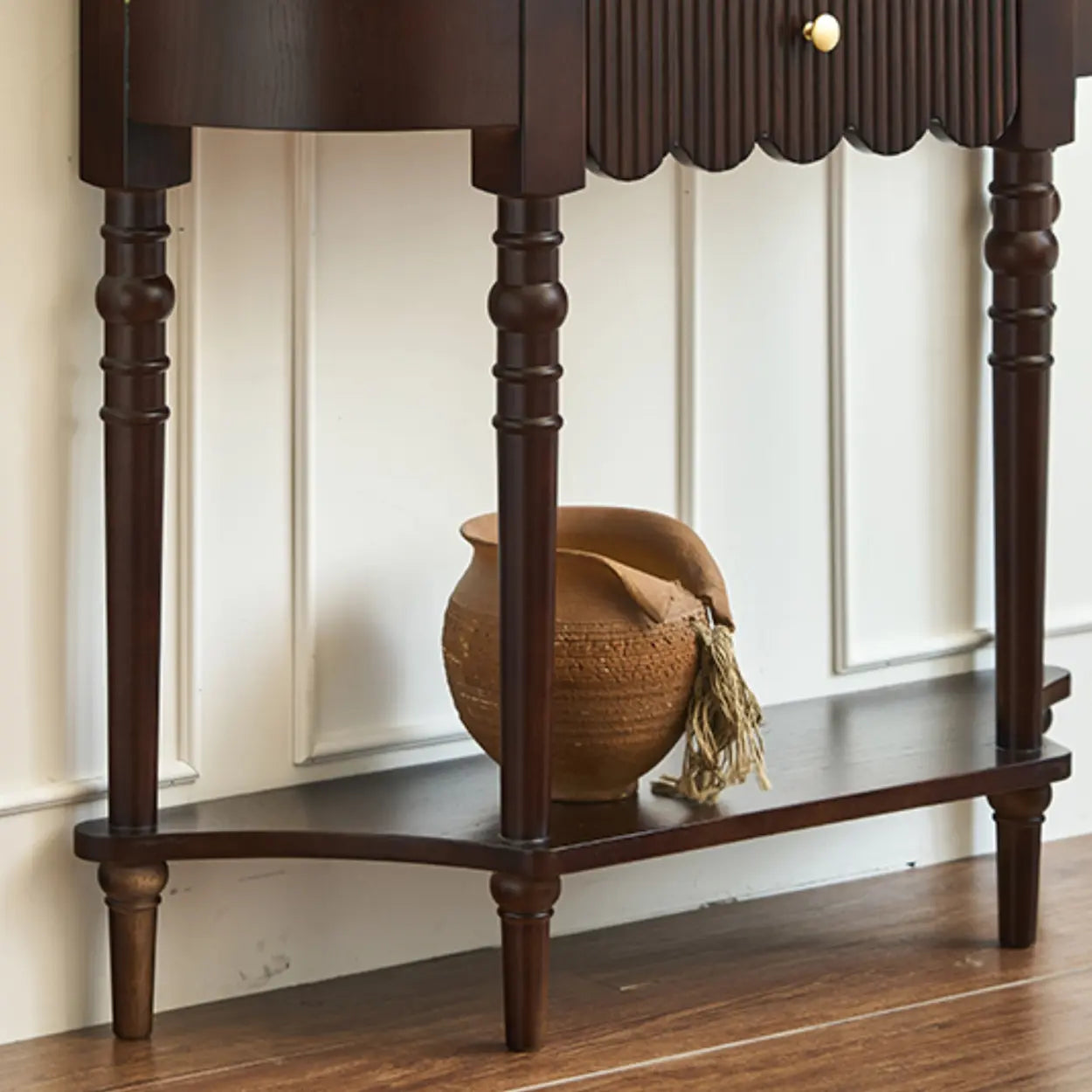 Brown Wood Half-Circle Floor Console Table with Drawer