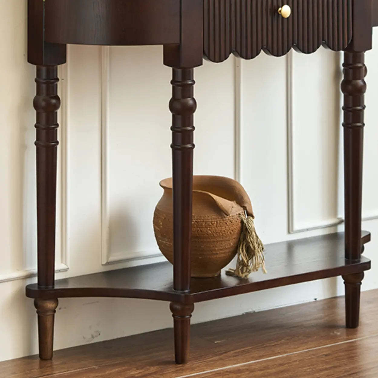 Brown Wood Half-Circle Floor Console Table with Drawer