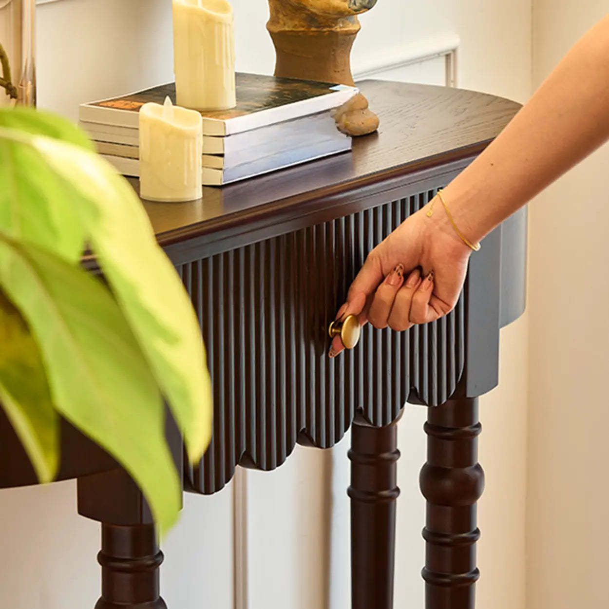 Brown Wood Half-Circle Floor Console Table with Drawer