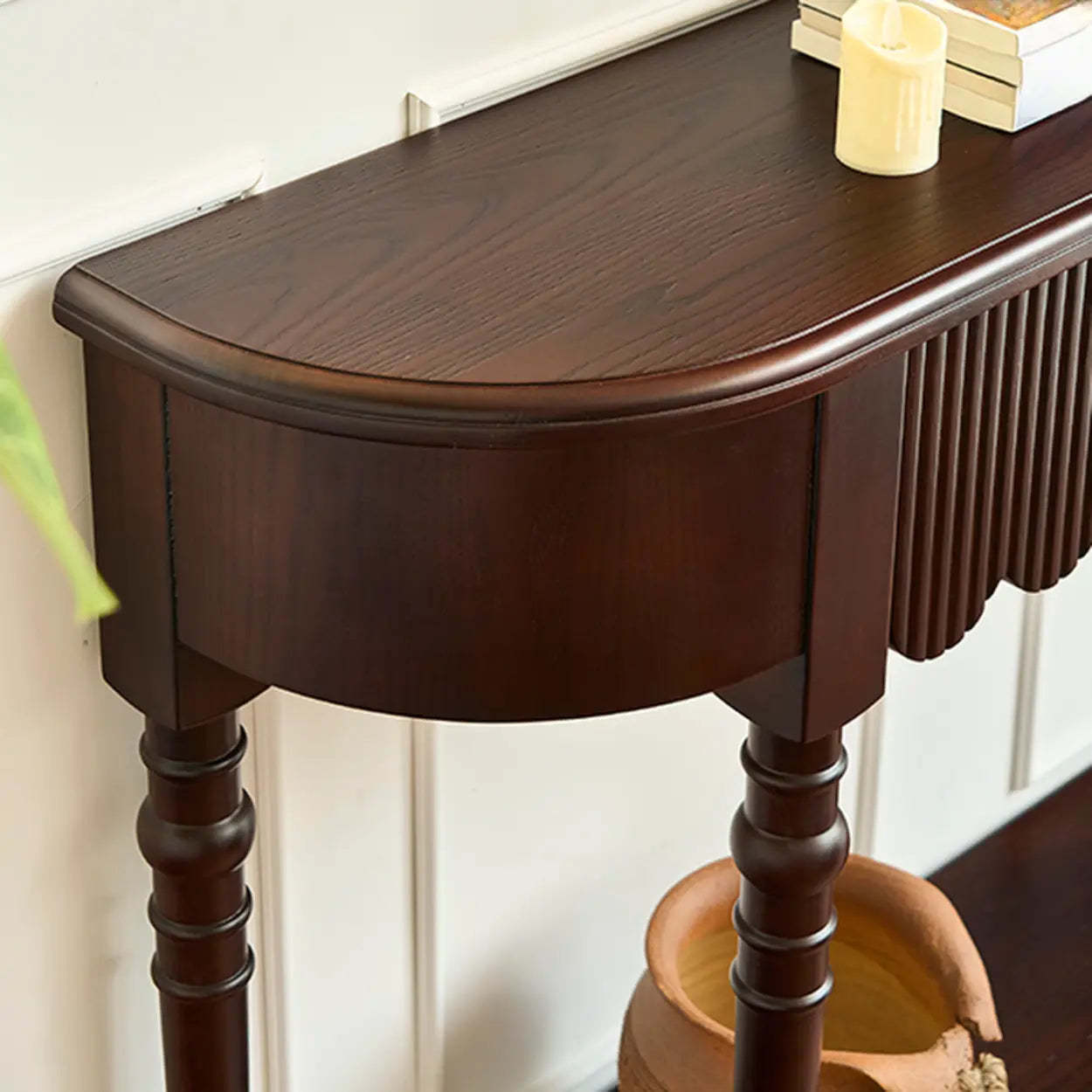 Brown Wood Half-Circle Floor Console Table with Drawer