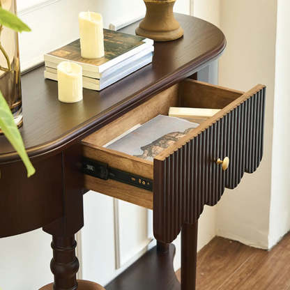 Brown Wood Half-Circle Floor Console Table with Drawer