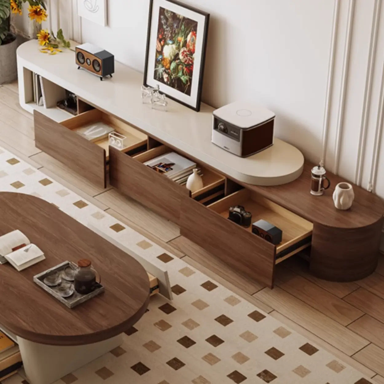 Brown Wood Open Storage Long TV Stand