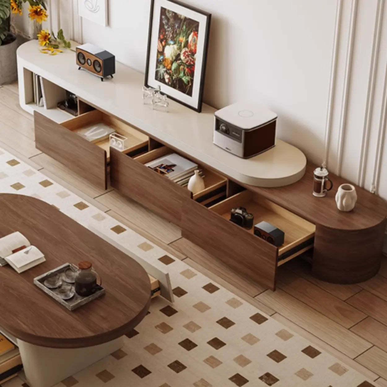 Brown Wood Open Storage Long TV Stand