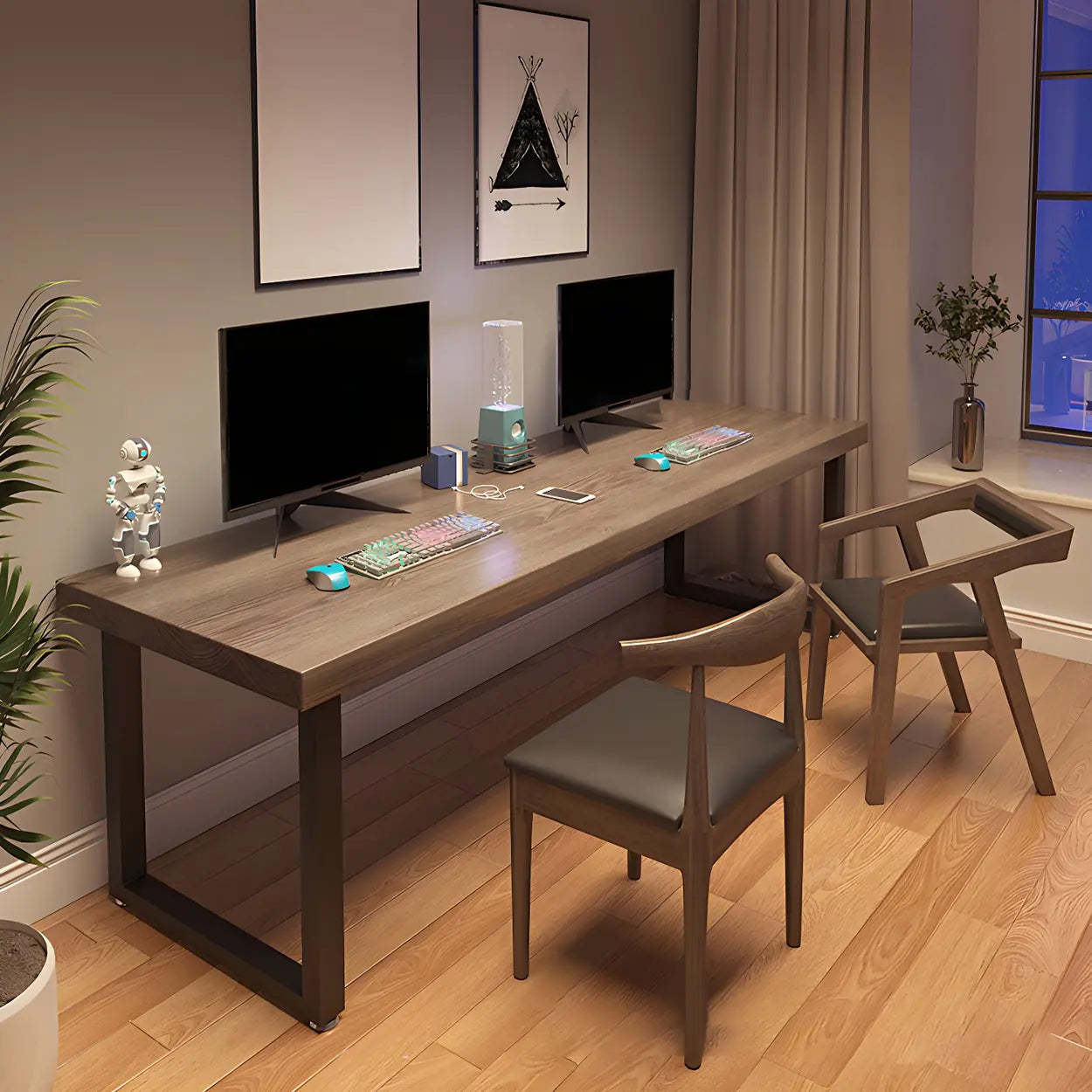 Brown Wood Iron Sled Double Gaming Desk — Table Only