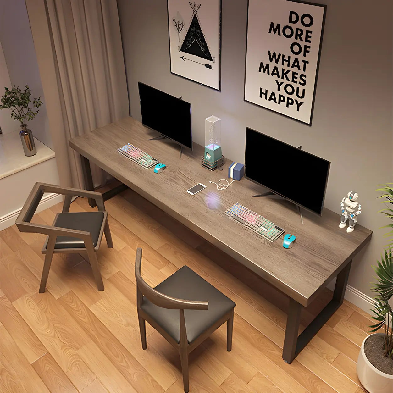 Brown Wood Iron Sled Double Gaming Desk