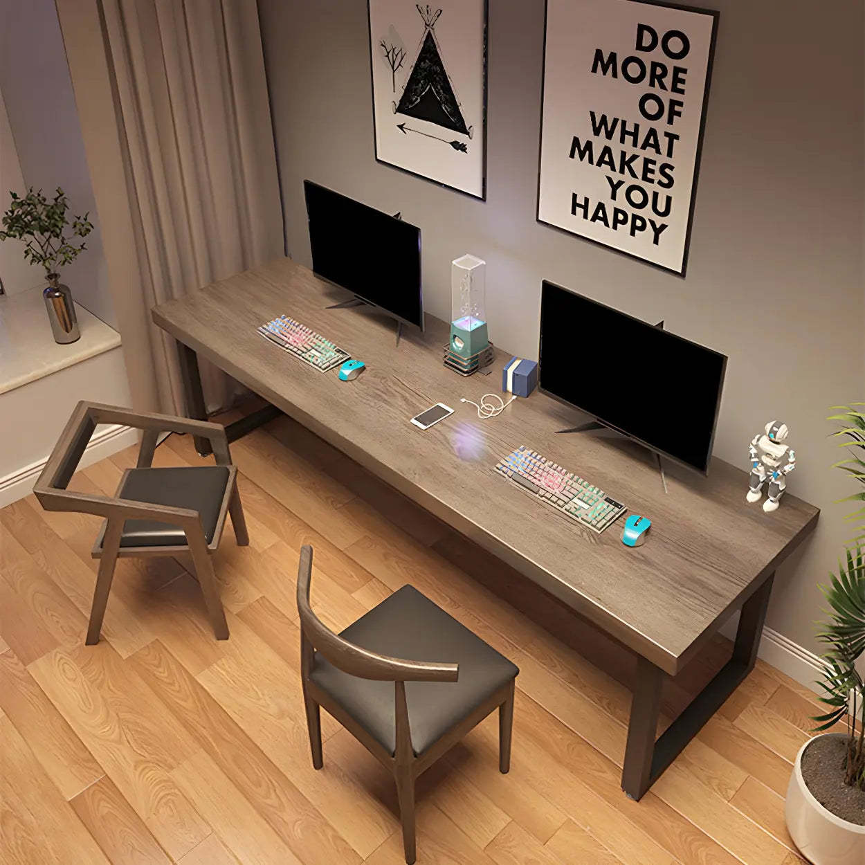 Brown Wood Iron Sled Double Gaming Desk