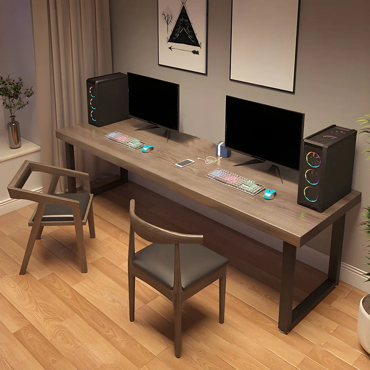 Brown Wood Iron Sled Double Gaming Desk — Table Only