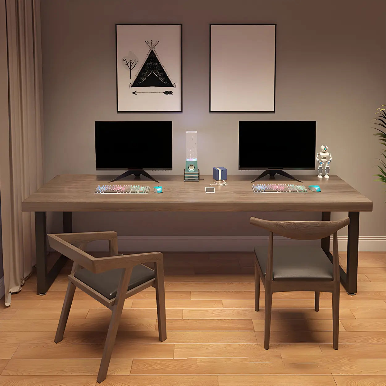 Brown Wood Iron Sled Double Gaming Desk — Table Only