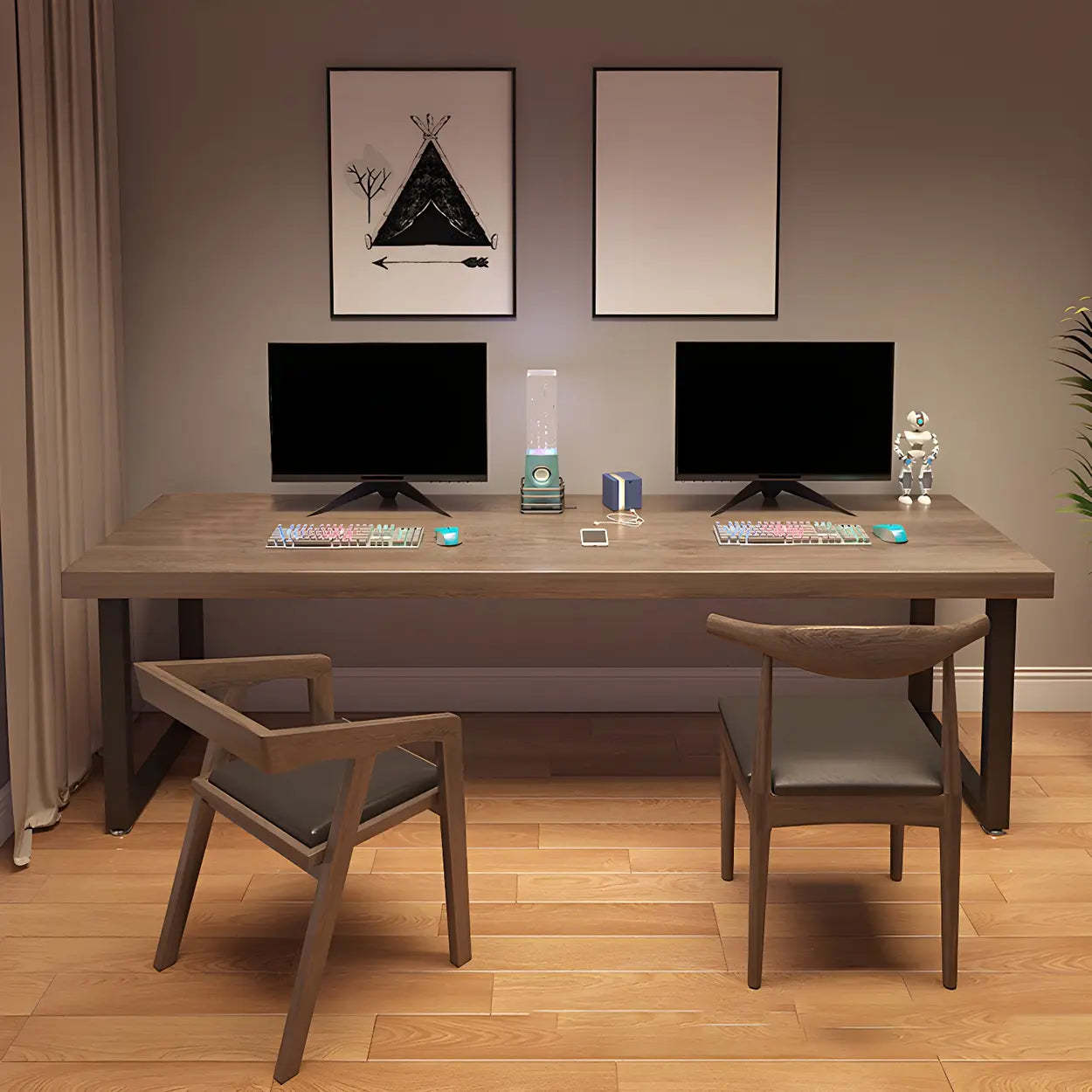 Brown Wood Iron Sled Double Gaming Desk — Table Only