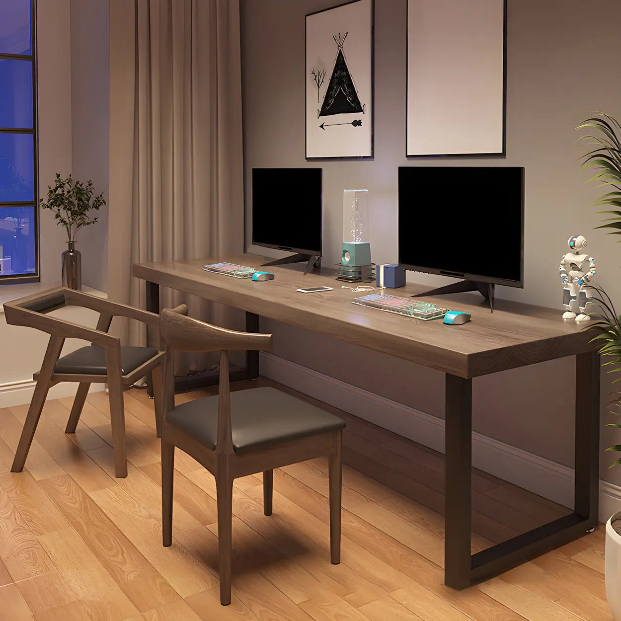 Brown Wood Iron Sled Double Gaming Desk — Table Only