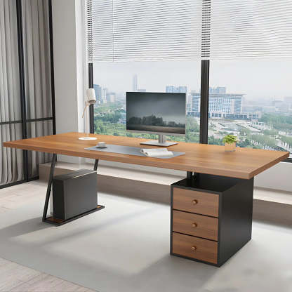 Brown Wood Rectangular Computer Desk with Storage Drawers — Normal Thickness / Without Chairs