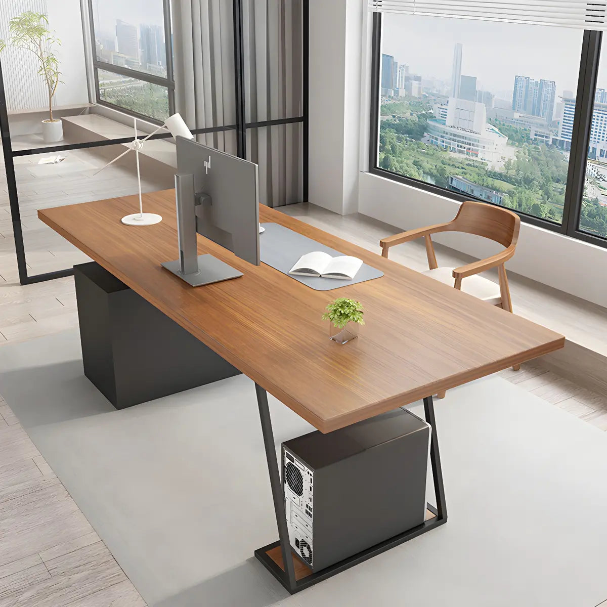 Brown Wood Rectangular Computer Desk with Storage Drawers — Normal Thickness / Without Chairs