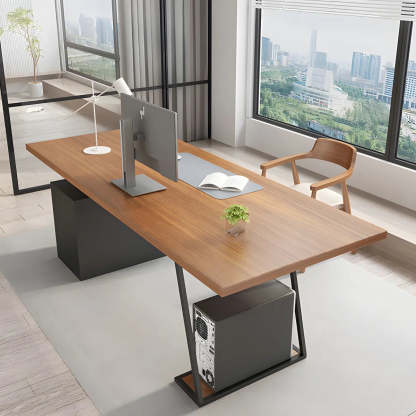 Brown Wood Rectangular Computer Desk with Storage Drawers — Normal Thickness / Without Chairs