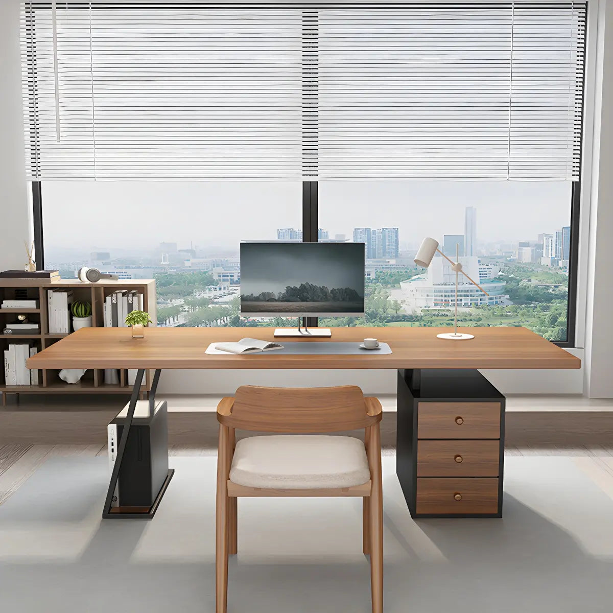 Brown Wood Rectangular Computer Desk with Storage Drawers — Normal Thickness / Without Chairs