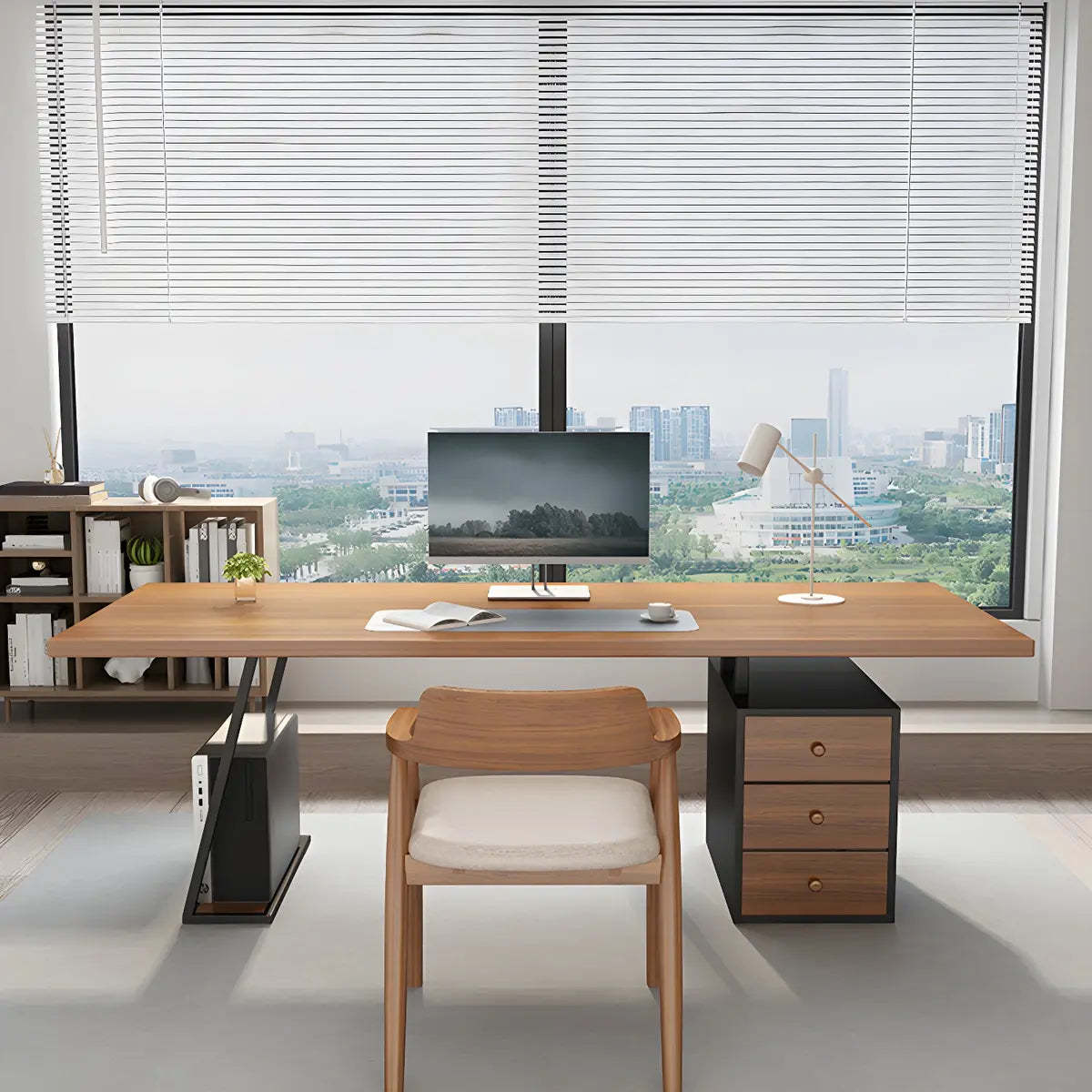 Brown Wood Rectangular Computer Desk with Storage Drawers — Normal Thickness / Without Chairs