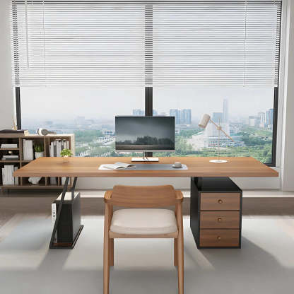 Brown Wood Rectangular Computer Desk with Storage Drawers — Normal Thickness / Without Chairs
