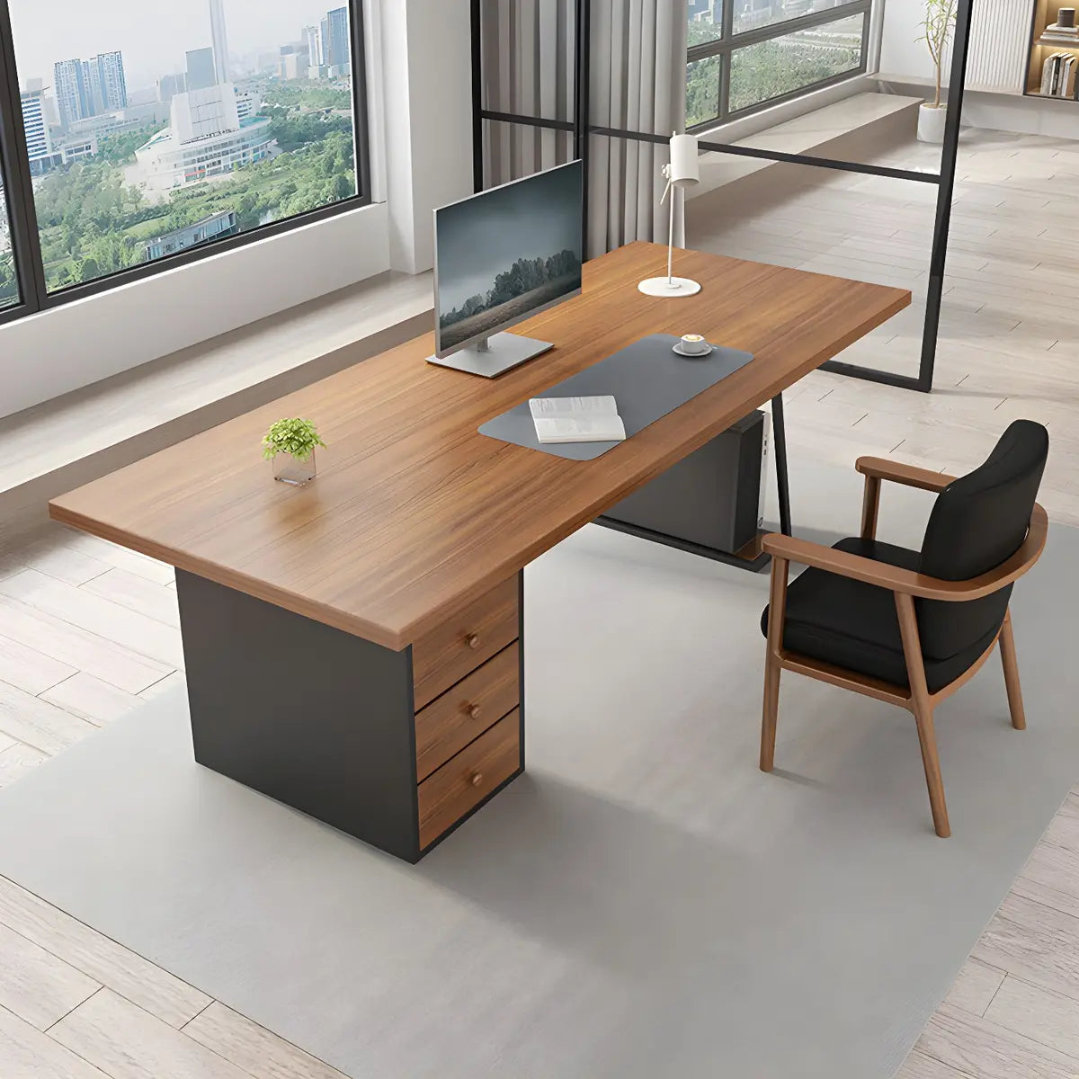 Brown Wood Rectangular Computer Desk with Storage Drawers — Normal Thickness / Without Chairs