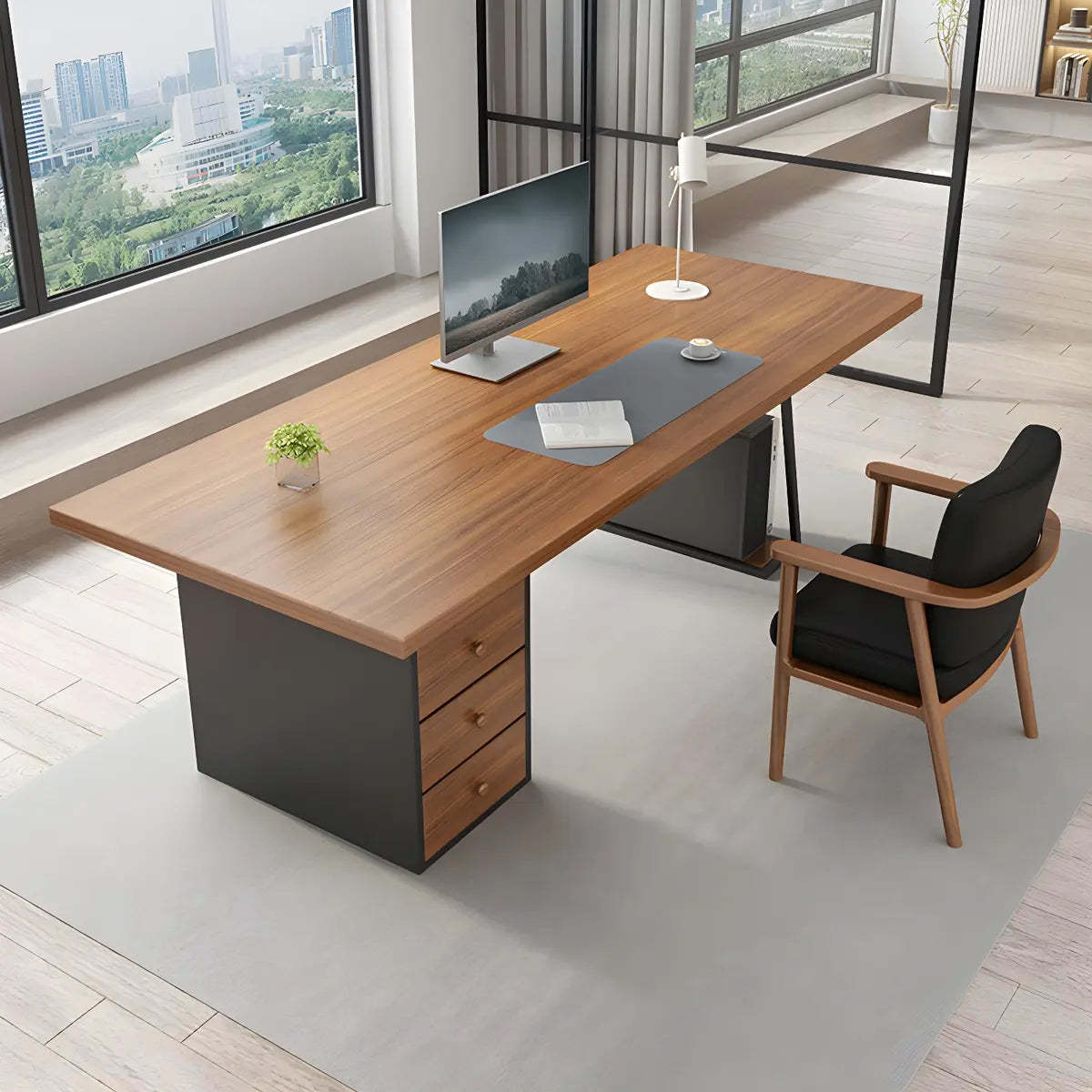 Brown Wood Rectangular Computer Desk with Storage Drawers — Normal Thickness / Without Chairs
