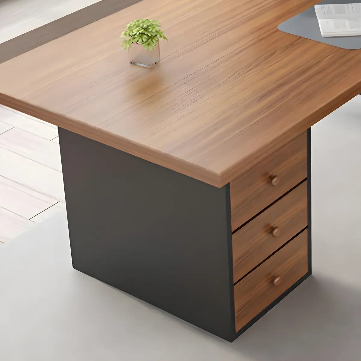 Brown Wood Rectangular Computer Desk with Storage Drawers — Thickened / Without Chairs