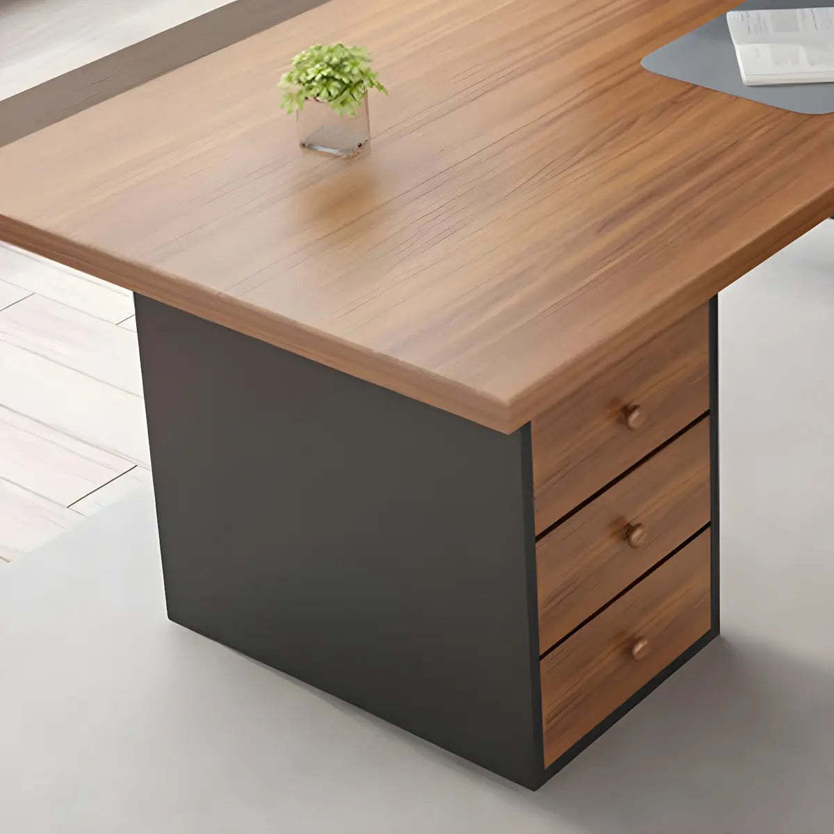 Brown Wood Rectangular Computer Desk with Storage Drawers — Thickened / Without Chairs