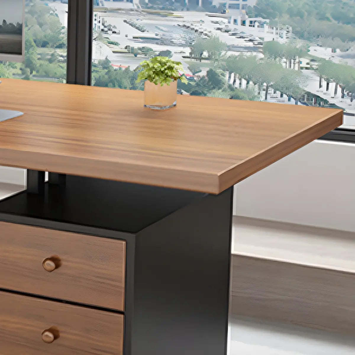 Brown Wood Rectangular Computer Desk with Storage Drawers — Thickened / Without Chairs