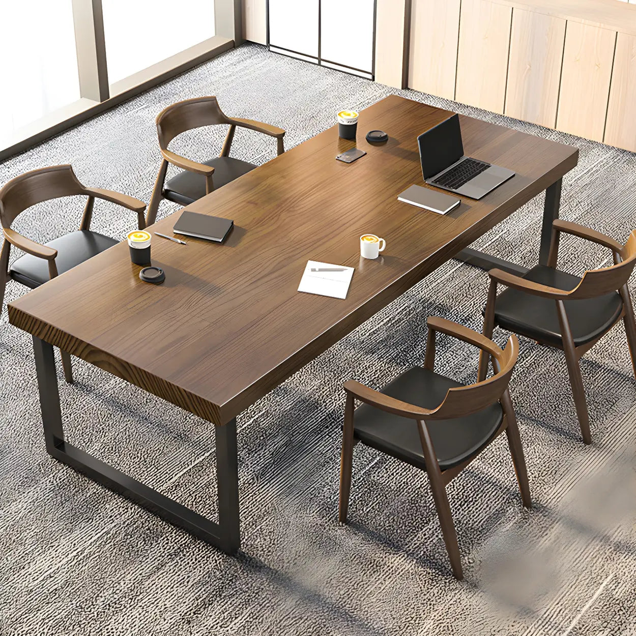 Brown Wood Rectangular Sled-Base Meeting Desk — Table Only