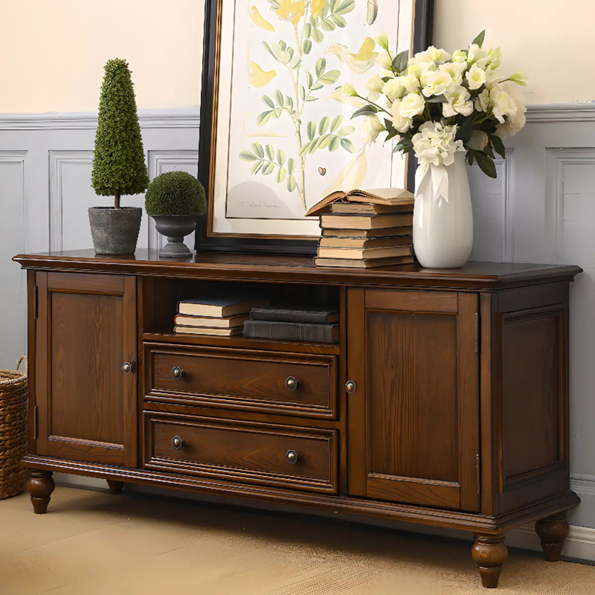Brown Wood Rectangular Open Cabinet TV Stand
