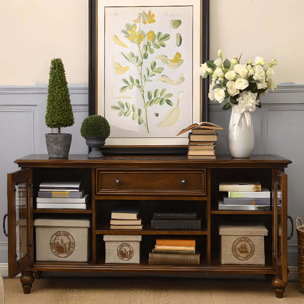 Brown Wood Rectangular Open Cabinet TV Stand