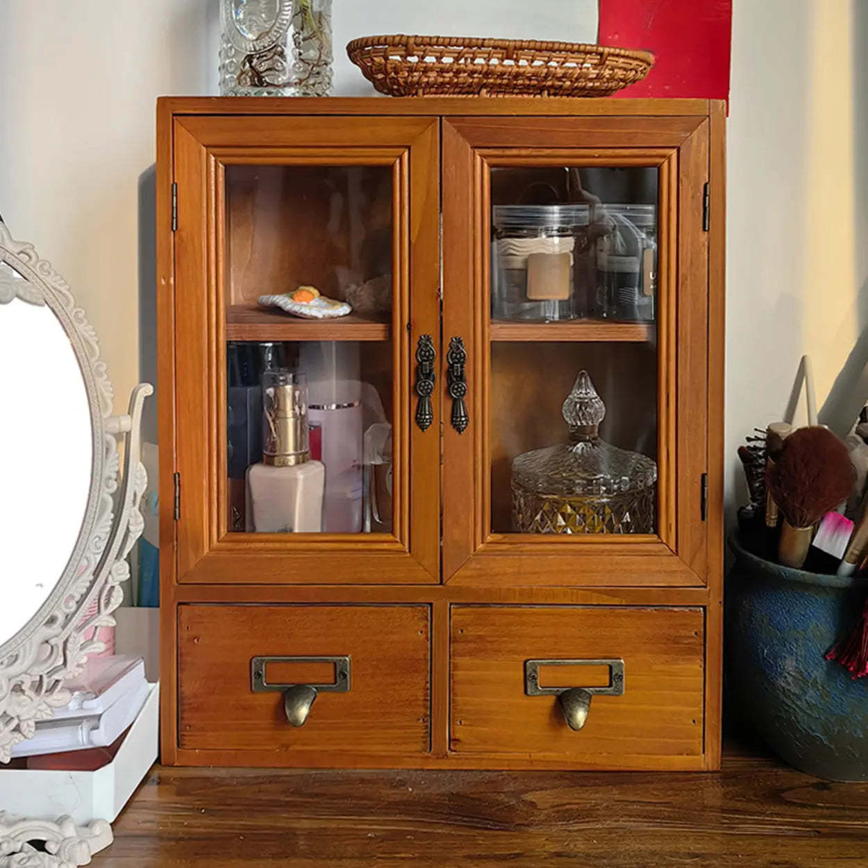 Brown Wood Rectangular Small Display Cabinet