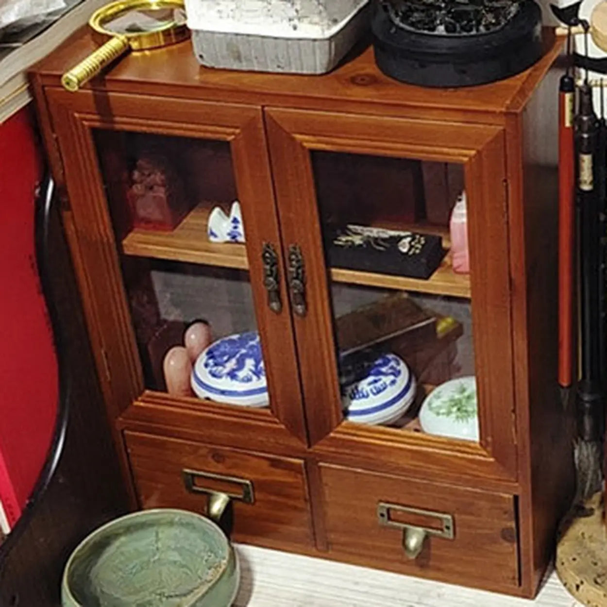 Brown Wood Rectangular Small Display Cabinet