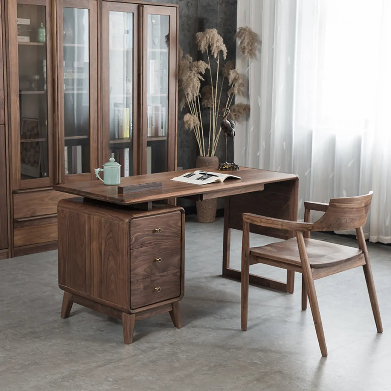 Brown Wood Soft-Close Drawer Side-Storage Writing Desk — Table Only