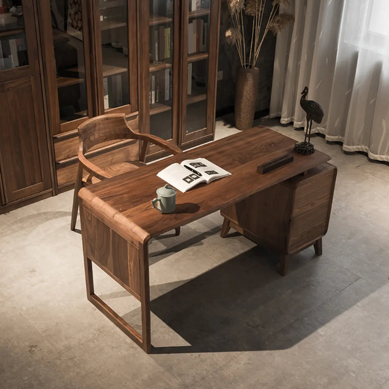 Brown Wood Soft-Close Drawer Side-Storage Writing Desk — Table Only