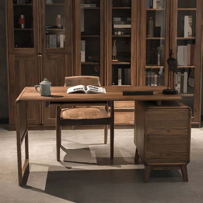 Brown Wood Soft-Close Drawer Side-Storage Writing Desk — Table Only