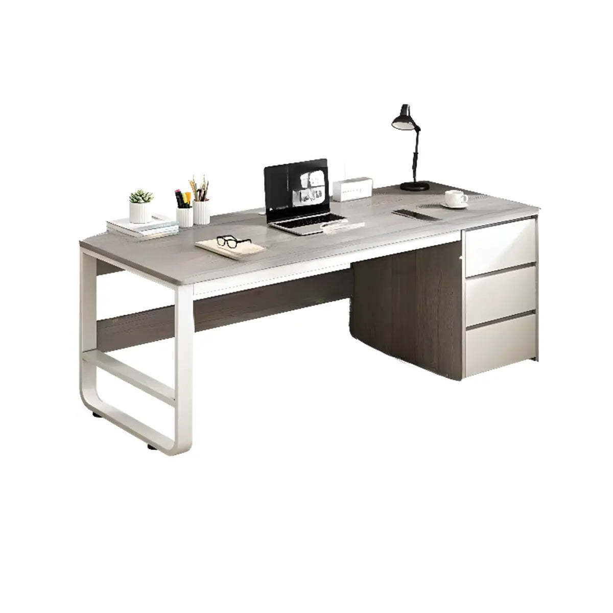 Brown Wood Writing Desk with Tableside Drawers — Without Chairs / Brown