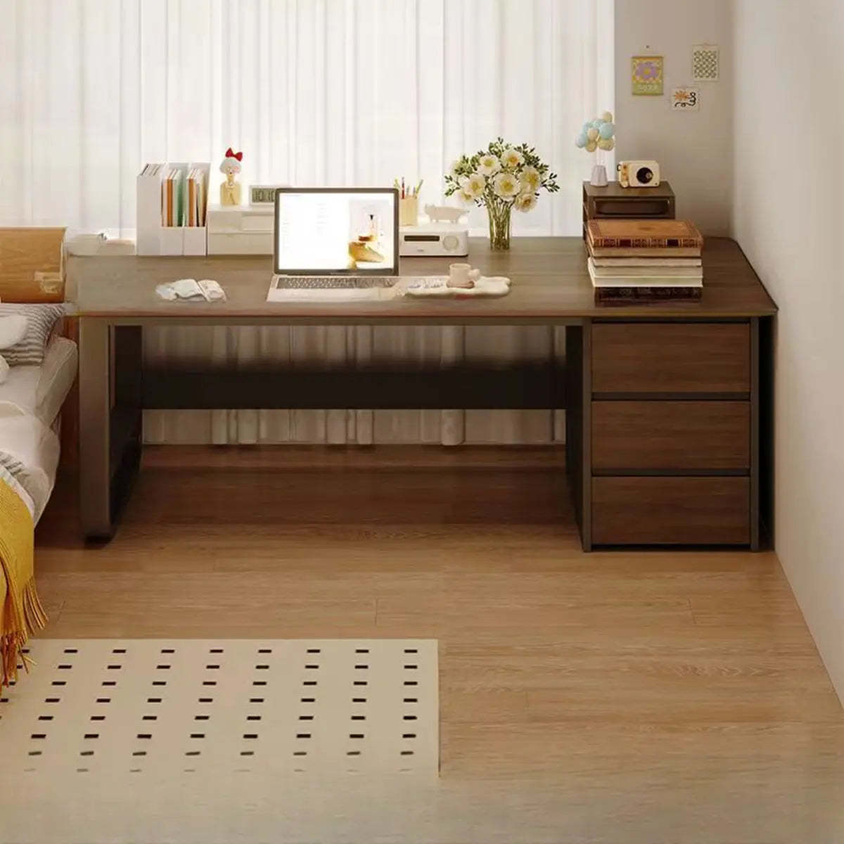 Brown Wood Writing Desk with Tableside Drawers — Without Chairs / Grey