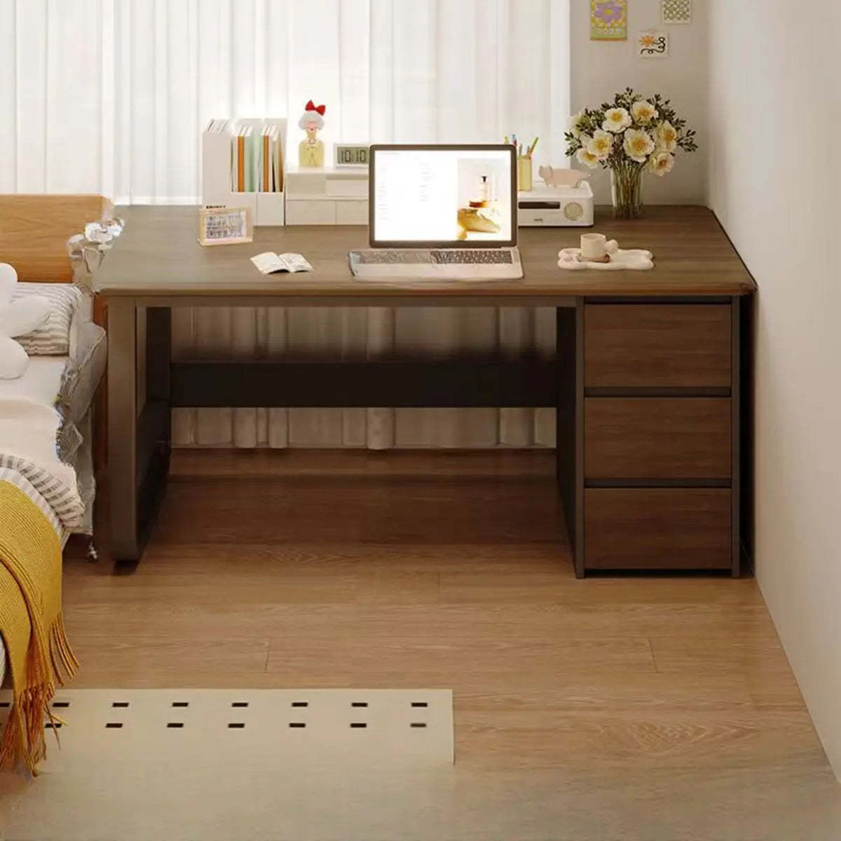 Brown Wood Writing Desk with Tableside Drawers
