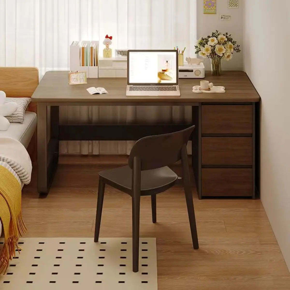 Brown Wood Writing Desk with Tableside Drawers — Without Chairs / Brown