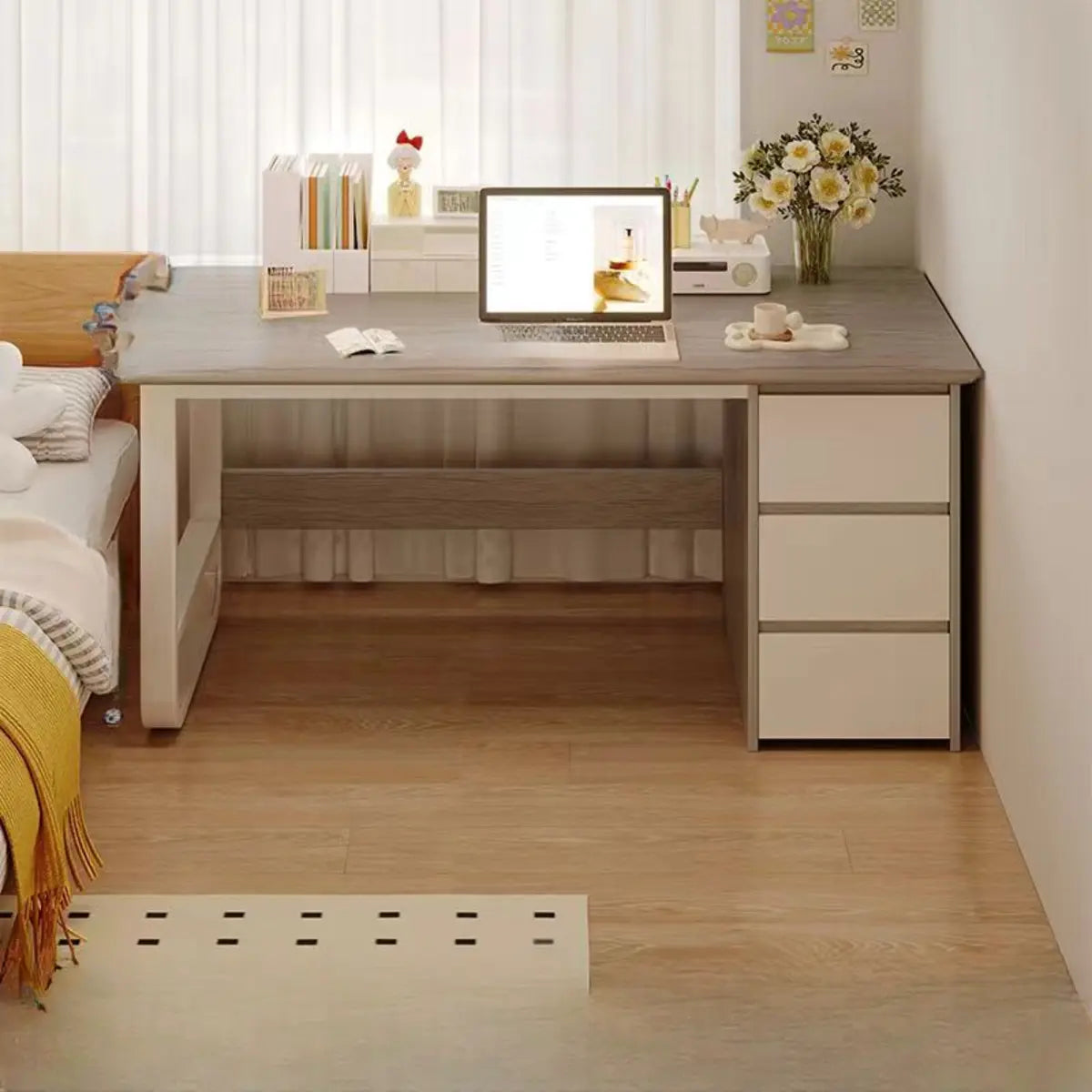 Brown Wood Writing Desk with Tableside Drawers — Without Chairs / Grey