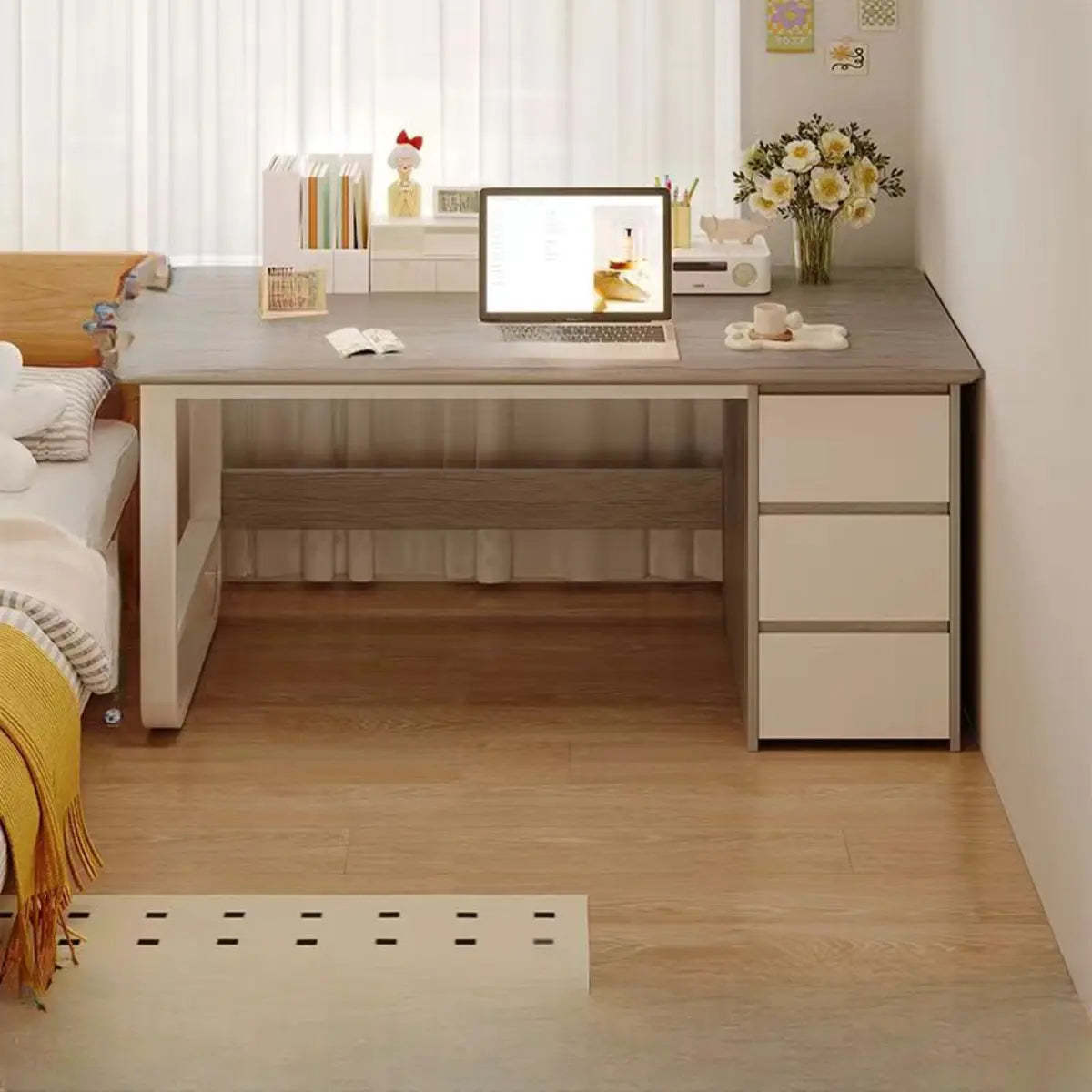 Brown Wood Writing Desk with Tableside Drawers — Without Chairs / Grey