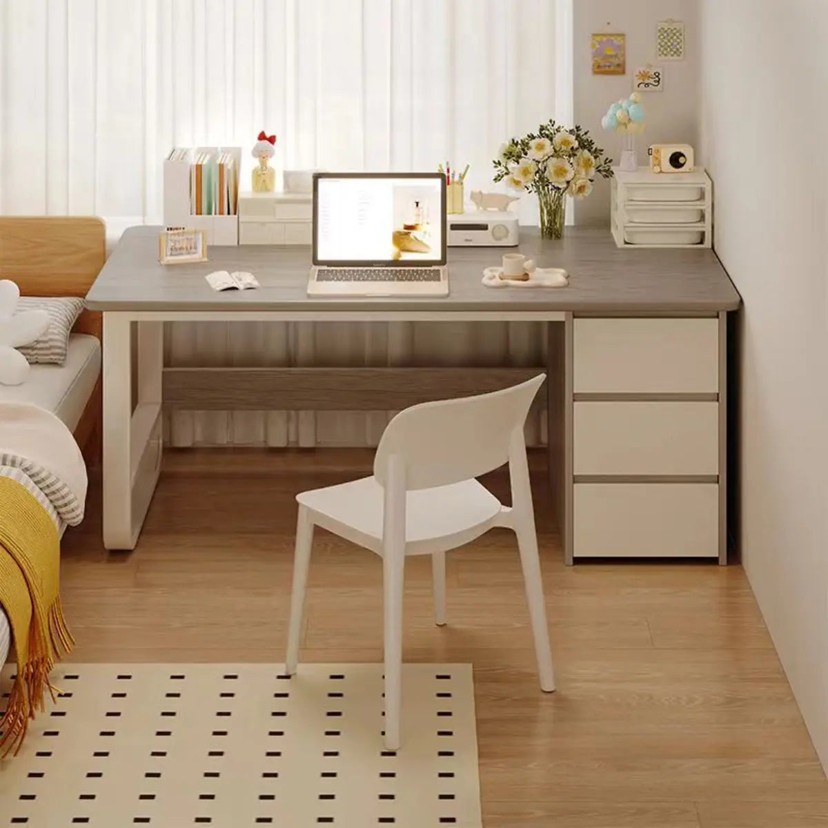 Brown Wood Writing Desk with Tableside Drawers — Without Chairs / Natural Finish