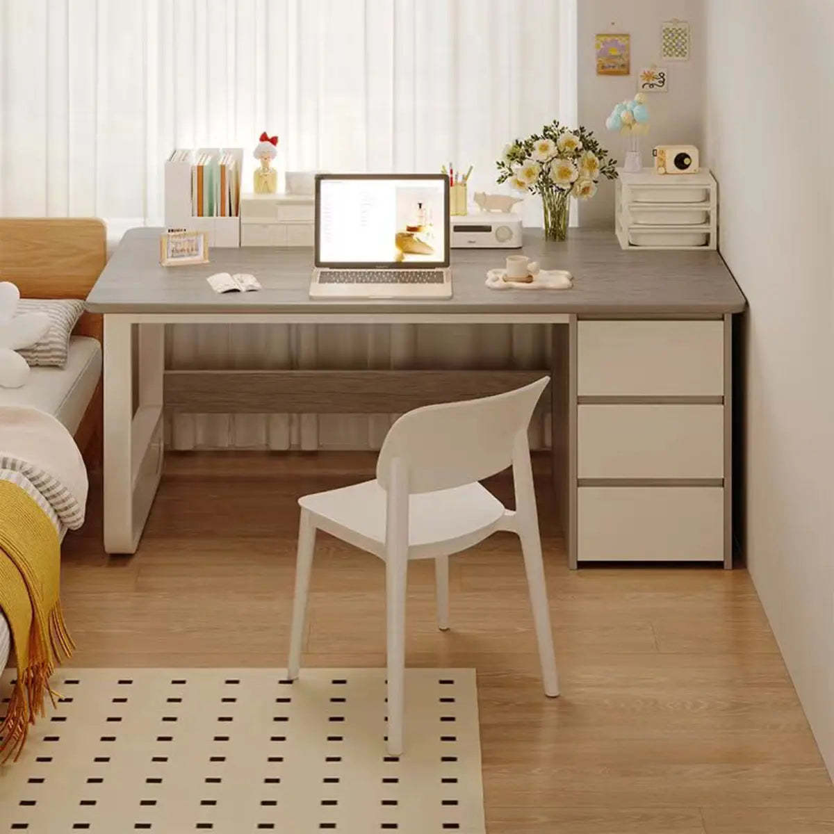 Brown Wood Writing Desk with Tableside Drawers — Without Chairs / Natural Finish