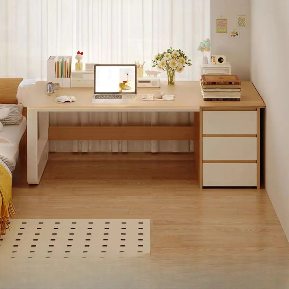 Brown Wood Writing Desk with Tableside Drawers — Without Chairs / Brown