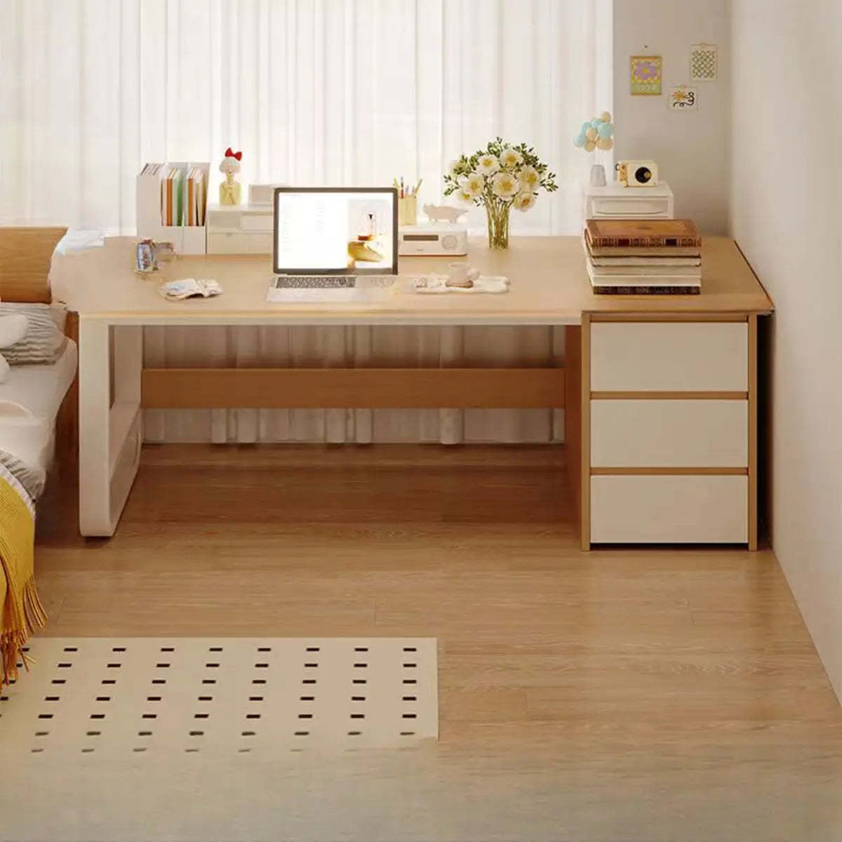 Brown Wood Writing Desk with Tableside Drawers — Without Chairs / Brown