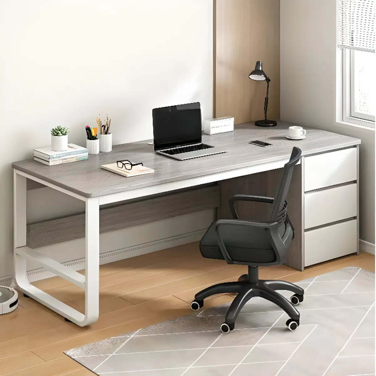 Brown Wood Writing Desk with Tableside Drawers — Without Chairs / Grey