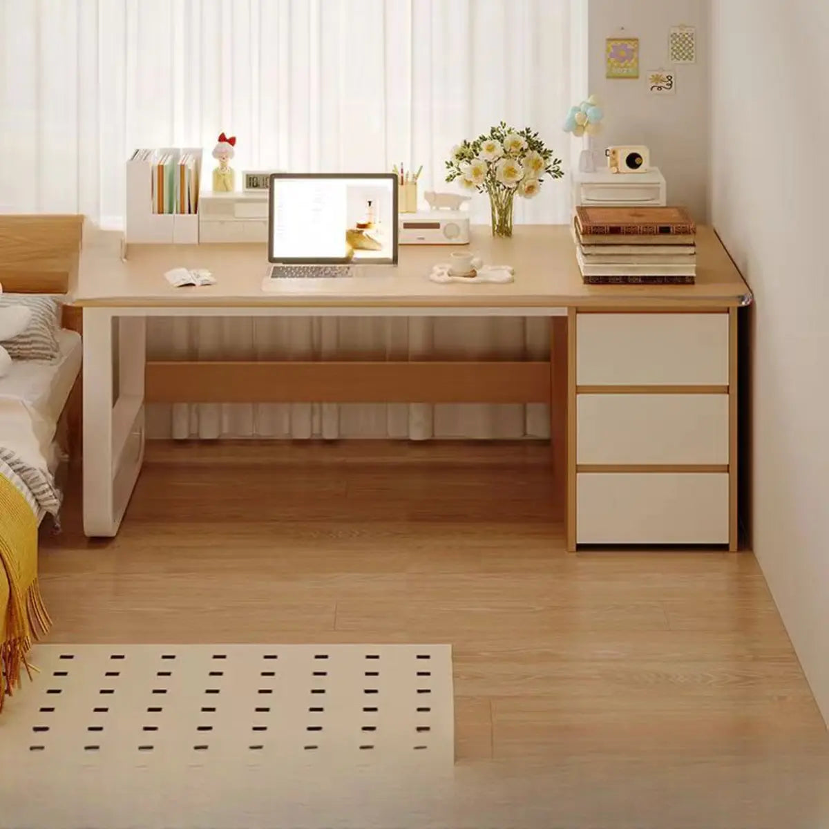 Brown Wood Writing Desk with Tableside Drawers — Without Chairs / Natural Finish