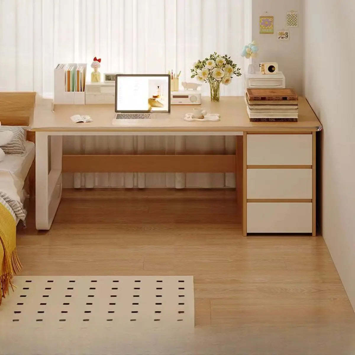 Brown Wood Writing Desk with Tableside Drawers — Without Chairs / Natural Finish