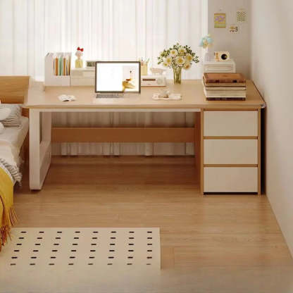 Brown Wood Writing Desk with Tableside Drawers — Without Chairs / Natural Finish