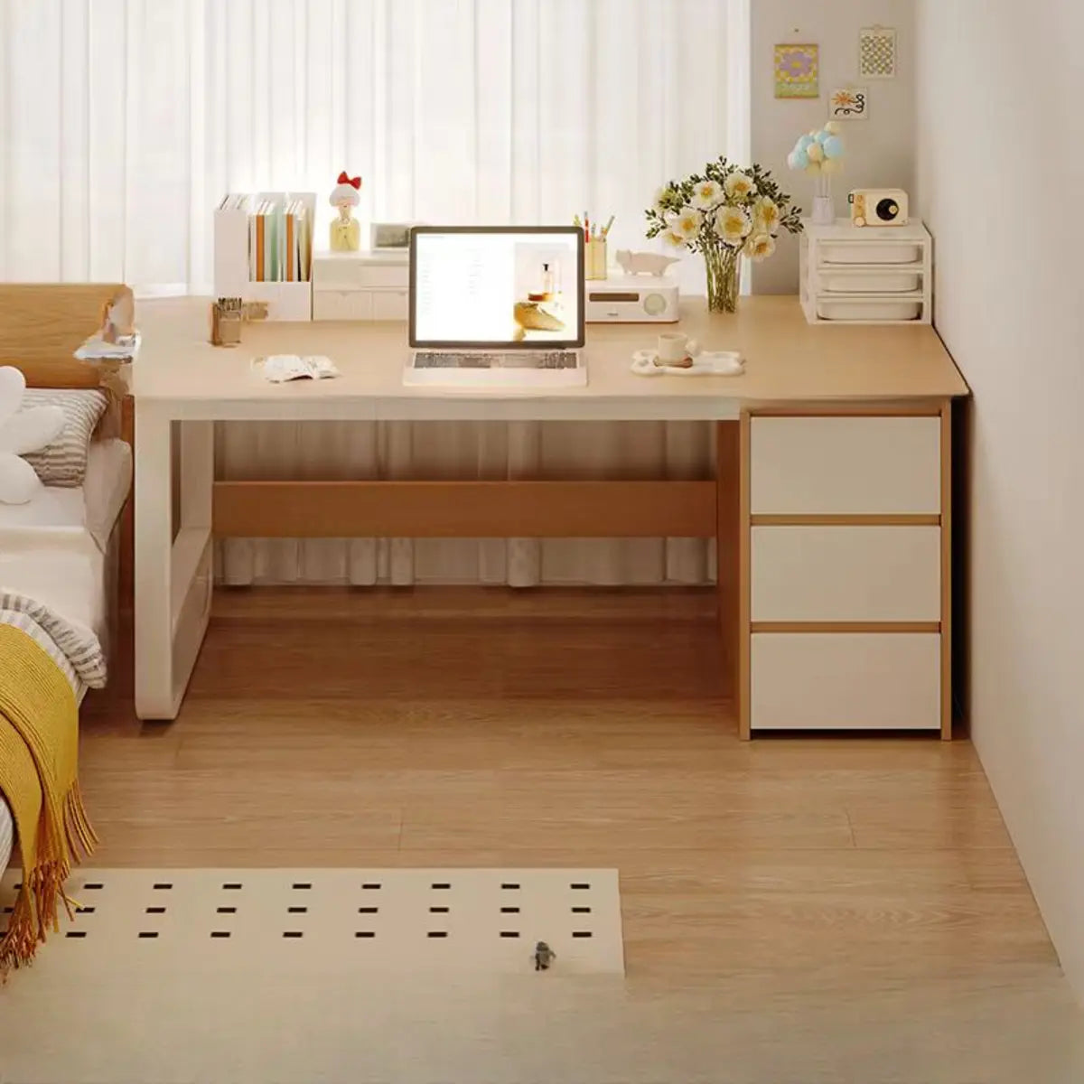 Brown Wood Writing Desk with Tableside Drawers — Without Chairs / Brown