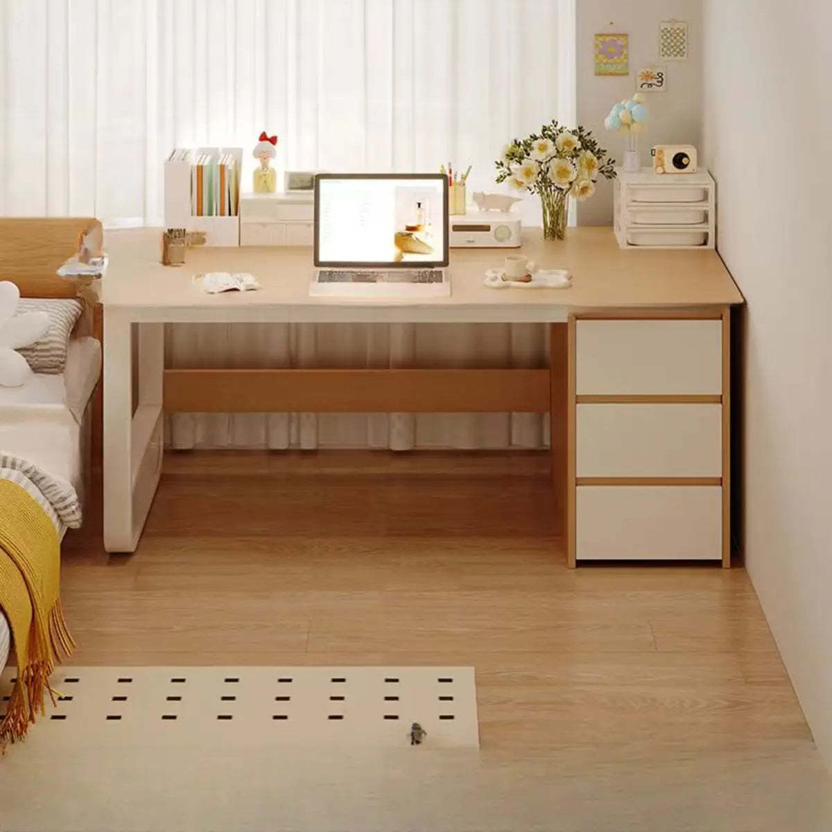 Brown Wood Writing Desk with Tableside Drawers — Without Chairs / Brown